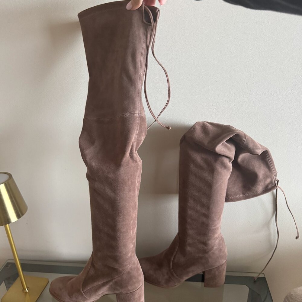 Stuart Weitzman Midland over the knee boot TAUPE suede block heel 9.5M